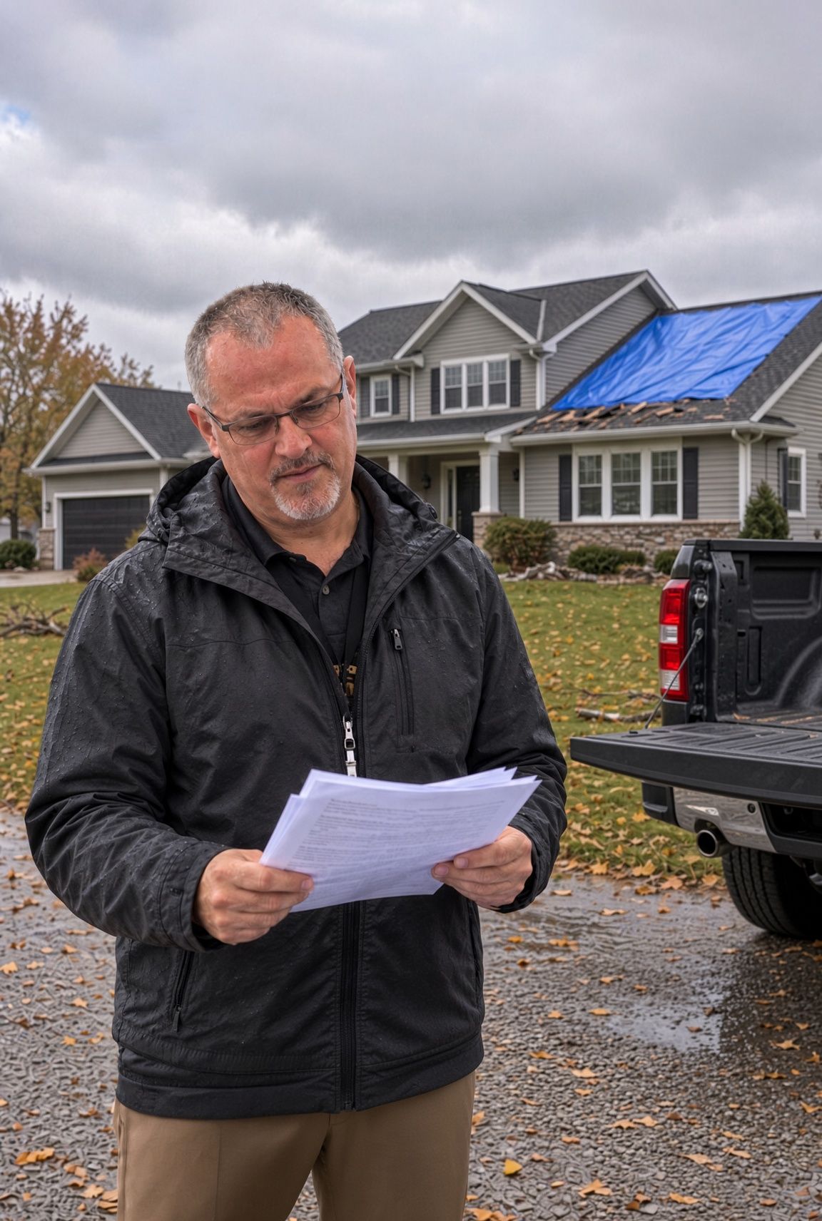 Public adjuster reviewing policy documents at the tailgate of a truck outside a storm-damaged home with a tarped roof