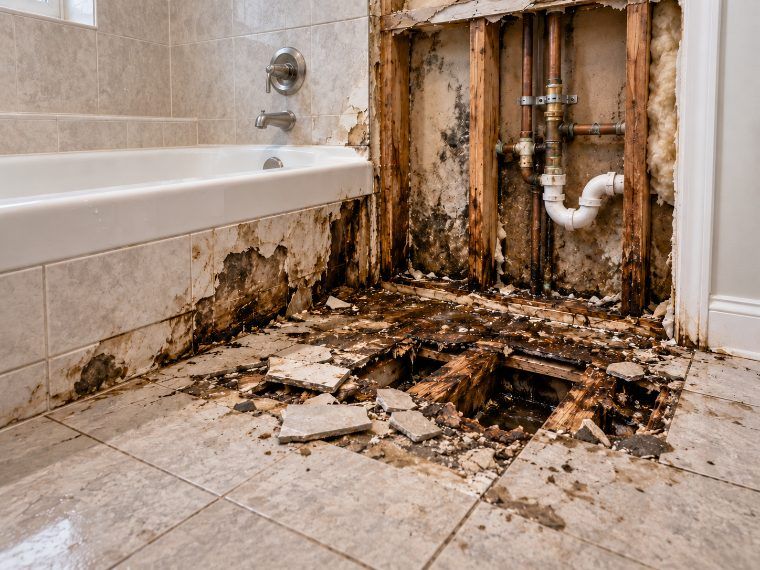 Rotted bathroom wall with exposed plumbing behind the tub